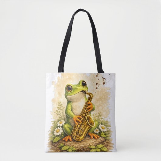 Cute Frog Saxophone Tote Bag Kawaii Music トートバッグ (正面)