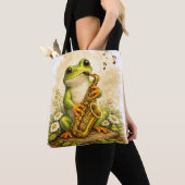 Cute Frog Saxophone Tote Bag Kawaii Music トートバッグ (クローズアップ)