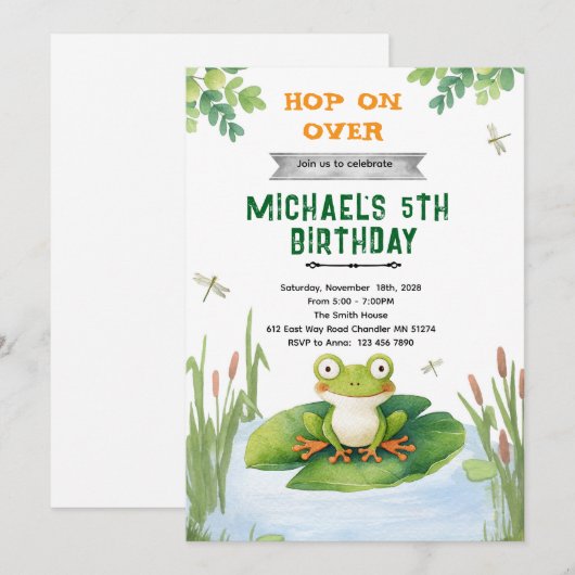 Cute frog toad birthday party invitation 招待状 (正面/裏面)