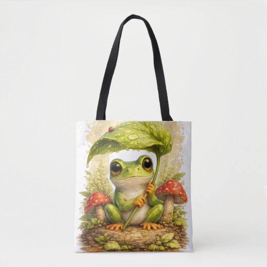 Cute Frog Tote Bag Leaf Umbrella Kawaii トートバッグ (正面)