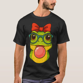 Cute Frog Wearing Glasses  Blowing Pink Bubble Gum Tシャツ