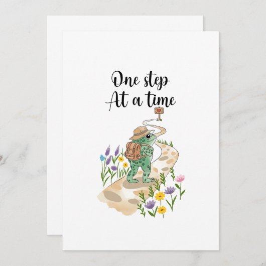 Cute Frog with Backpack One Step at a Time 招待状 (正面/裏面)