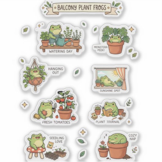Cute Frogs Balcony Plants Sticker Sheet シール (正面)