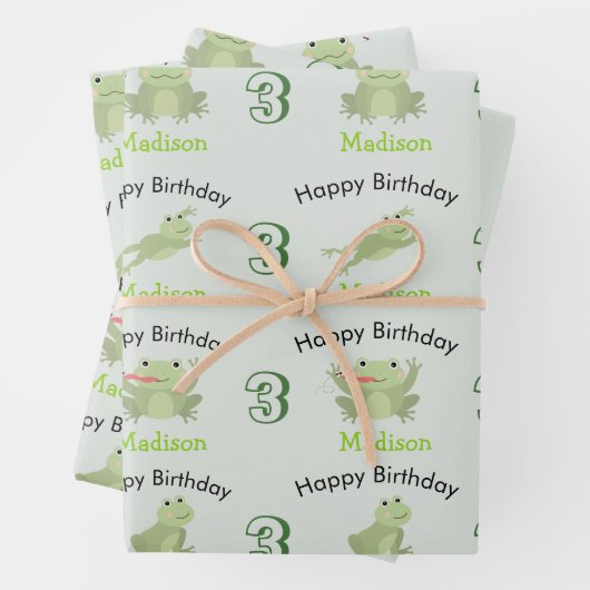 Cute Frogs in Lily Pond Birthday Kids Name Age ラッピングペーパーシート (インサイチュ)