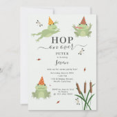 Cute Frogs in Lily Pond Hop On Over Kids Birthday 招待状 (正面)