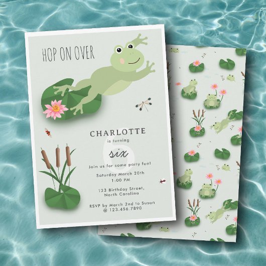 Cute Frogs in Lily Pond Hop On Over Kids Birthday 招待状