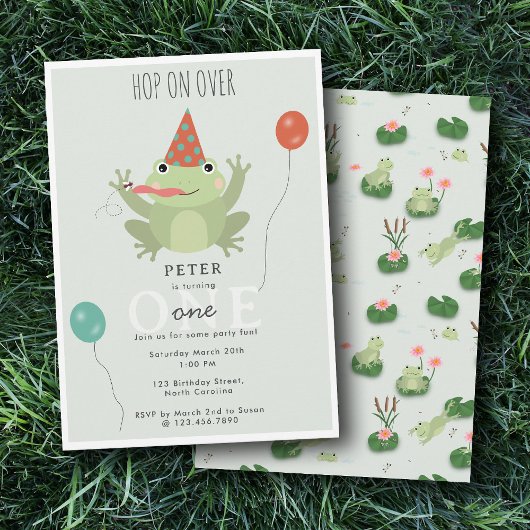 Cute Frogs in Lily Pond Hop On Over Kids Birthday 招待状