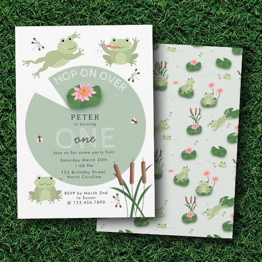 Cute Frogs in Lily Pond Hop On Over Kids Birthday 招待状