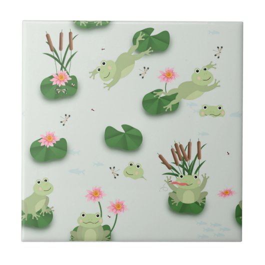 Cute Frogs in Lily Pond Nursery Gender Neutral タイル (正面)