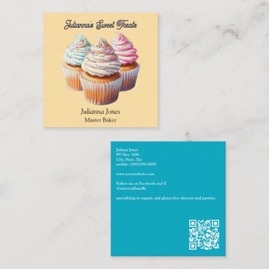 Cute Frosted Cupcake Bakery スクエア名刺 (正面/裏面)