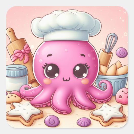 Cute fun baking baby octopus stickers スクエアシール (正面)