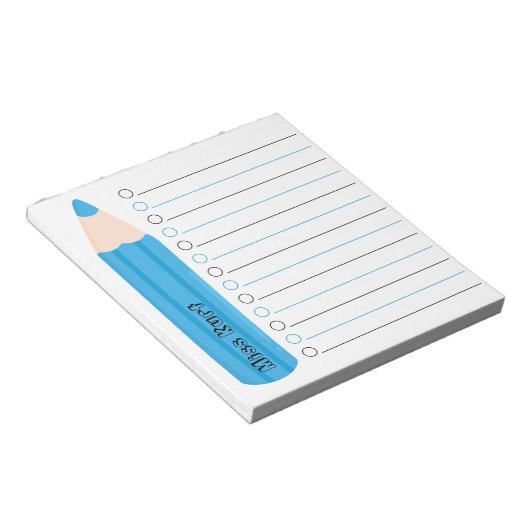 Cute Fun Blue Pencil Lined Personalized Teacher ノートパッド (アングル)