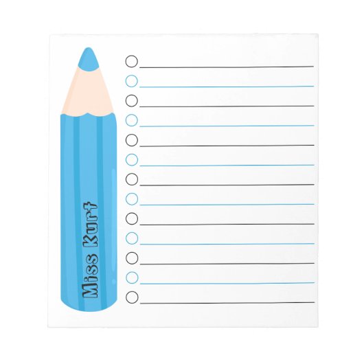 Cute Fun Blue Pencil Lined Personalized Teacher ノートパッド (正面)