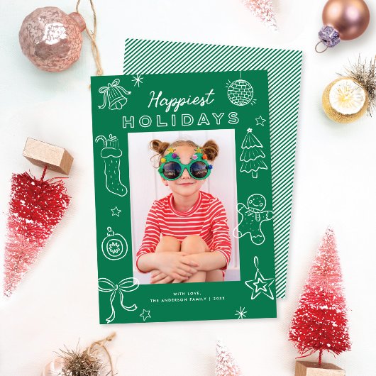 Cute Fun Doodles Green Christmas Photo シーズンカード