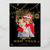 Cute Fun Doodles Happy New Year Photo Black + Gold 箔シーズンカード (正面)