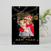Cute Fun Doodles Happy New Year Photo Black + Gold 箔シーズンカード (立ち正面)