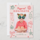 Cute Fun Doodles Pink Red Green Christmas Photo シーズンカード (正面)