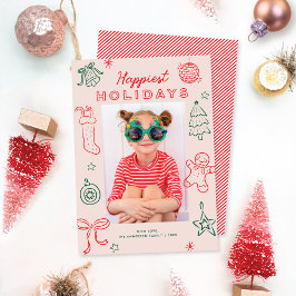 Cute Fun Doodles Pink Red Green Christmas Photo シーズンカード