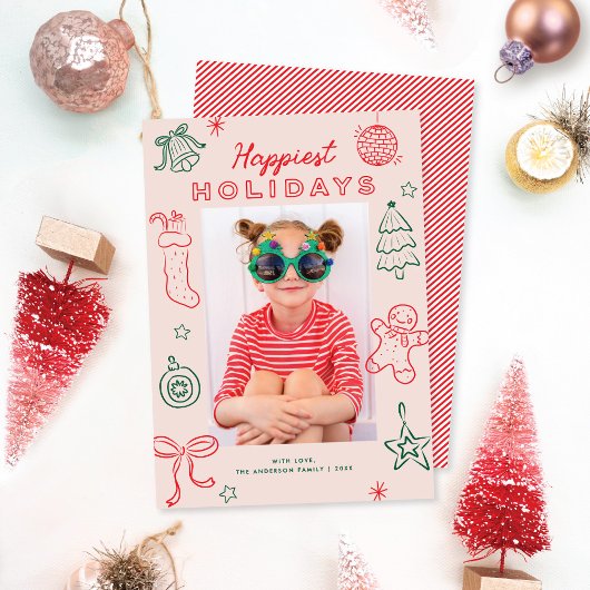 Cute Fun Doodles Pink Red Green Christmas Photo シーズンカード