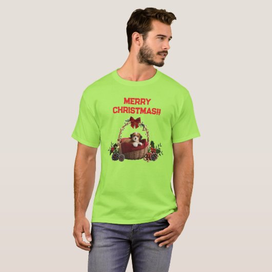 Cute Fun Merry Christmas Puppy Basket Tシャツ (正面フル)