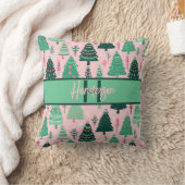 Cute Fun Pink & Green Christmas Tree Monogram クッション (ブランケット)
