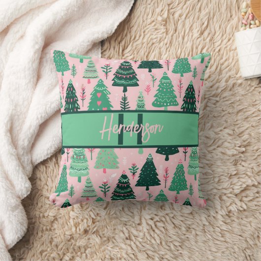 Cute Fun Pink & Green Christmas Tree Monogram クッション (ブランケット)