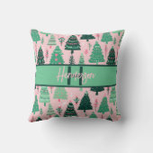 Cute Fun Pink & Green Christmas Tree Monogram クッション (裏面)