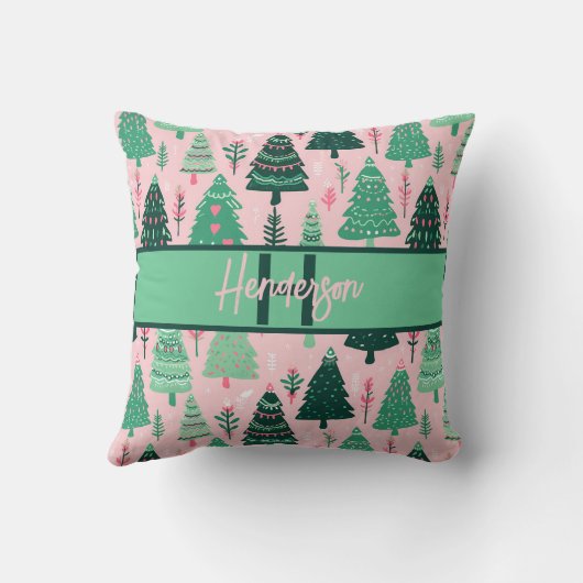 Cute Fun Pink & Green Christmas Tree Monogram クッション (裏面)