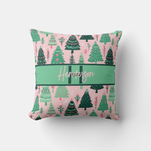 Cute Fun Pink & Green Christmas Tree Monogram クッション (正面)