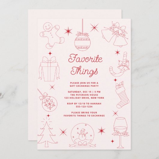 Cute Fun Pink Hand Drawn Favorite Things Holiday 招待状 (正面/裏面)