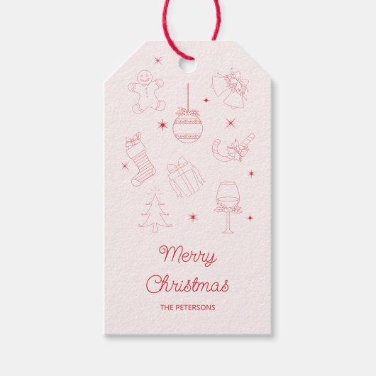Cute Fun Pink Red Hand Drawn Christmas ギフトタグ (正面)