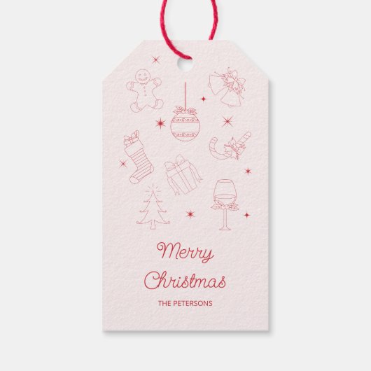 Cute Fun Pink Red Hand Drawn Christmas ギフトタグ (裏面)