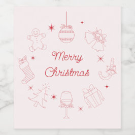 Cute Fun Pink Red Hand Drawn Christmas ワインラベル
