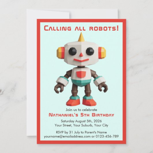 Cute Fun Robot Kid's Birthday 招待状 (正面)