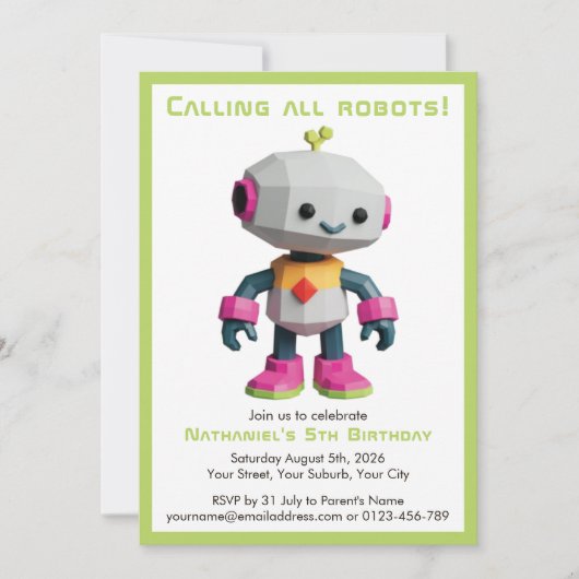 Cute Fun Robot Kid's Birthday 招待状 (正面)
