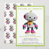 Cute Fun Robot Kid's Birthday 招待状 (正面/裏面)