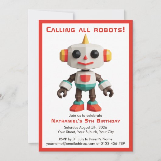 Cute Fun Robot Kid's Birthday 招待状 (正面)