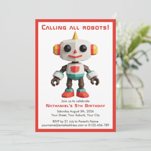 Cute Fun Robot Kid's Birthday 招待状 (スタンド正面)