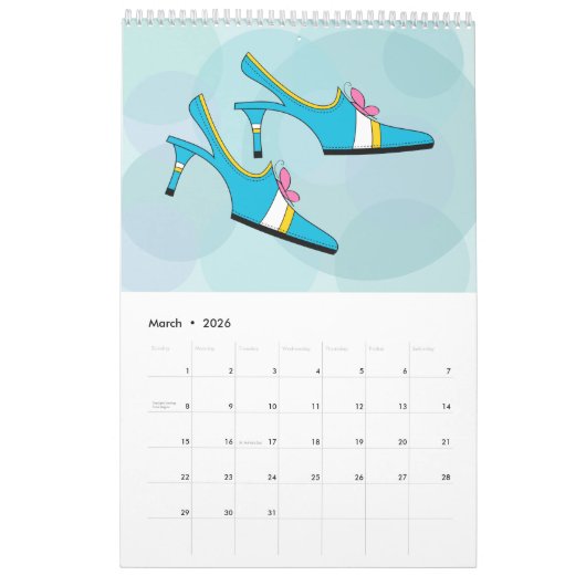 Cute Fun Shoe Calendar カレンダー (3月 2026)
