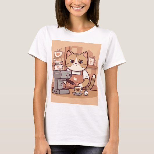 Cute Funny Barista Cat with Coffee T-shirt Tシャツ (正面)