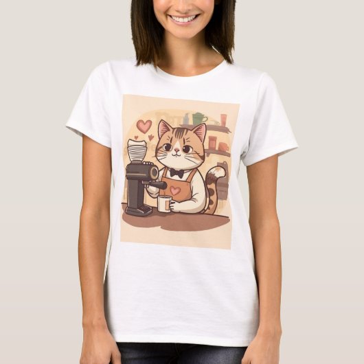Cute Funny Barista Cat with Coffee T-shirt Tシャツ (正面)