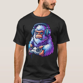 Cute Funny Bigfoot Wearing Headphones Playing Vide Tシャツ
