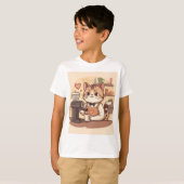 Cute Funny Cartoon Barista Cat Kid's T-shirt Tシャツ (正面フル)