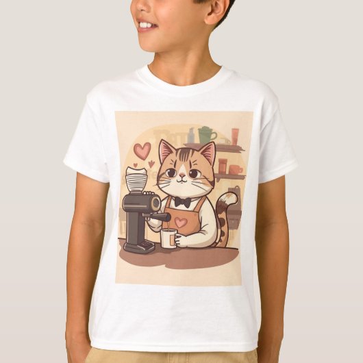 Cute Funny Cartoon Barista Cat Kid's T-shirt Tシャツ (正面)