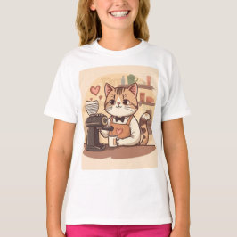 Cute Funny Cartoon Barista Cat Kid's T-shirt Tシャツ