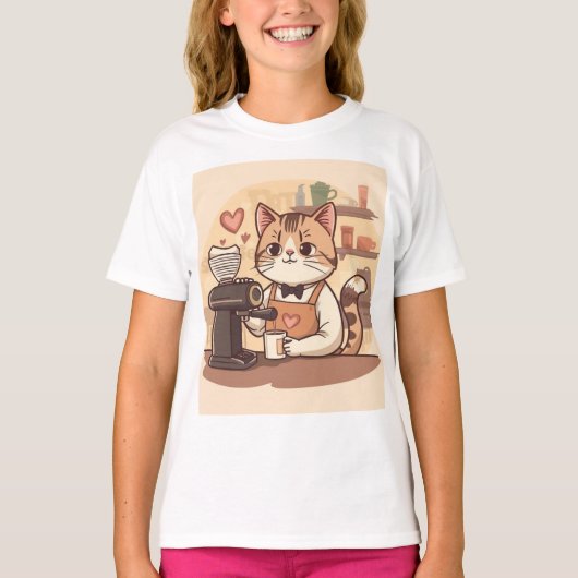 Cute Funny Cartoon Barista Cat Kid's T-shirt Tシャツ (正面)