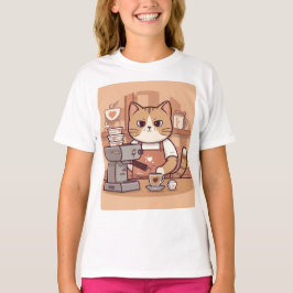 Cute Funny Cartoon Barista Cat Kid's T-shirt Tシャツ