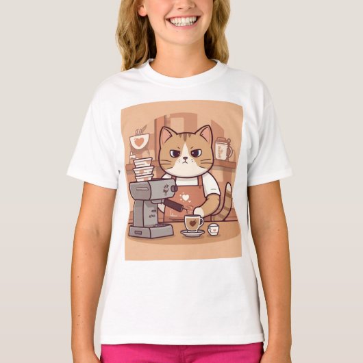 Cute Funny Cartoon Barista Cat Kid's T-shirt Tシャツ (正面)
