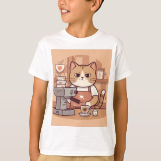 Cute Funny Cartoon Barista Cat Kid's T-shirt Tシャツ