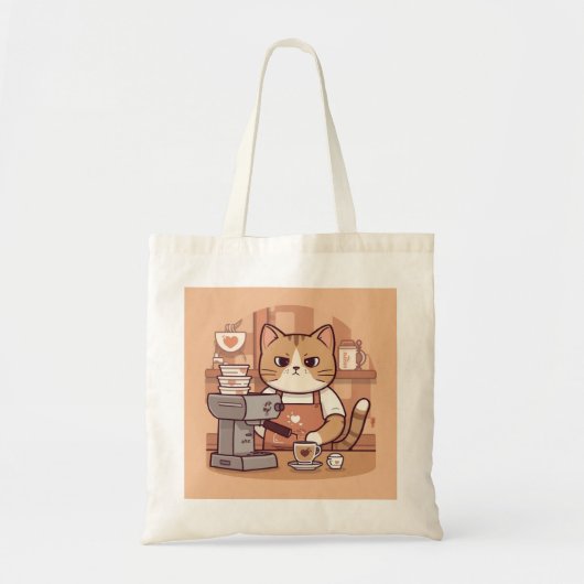 Cute Funny Cartoon Barista Cat Tote Bag トートバッグ (正面)